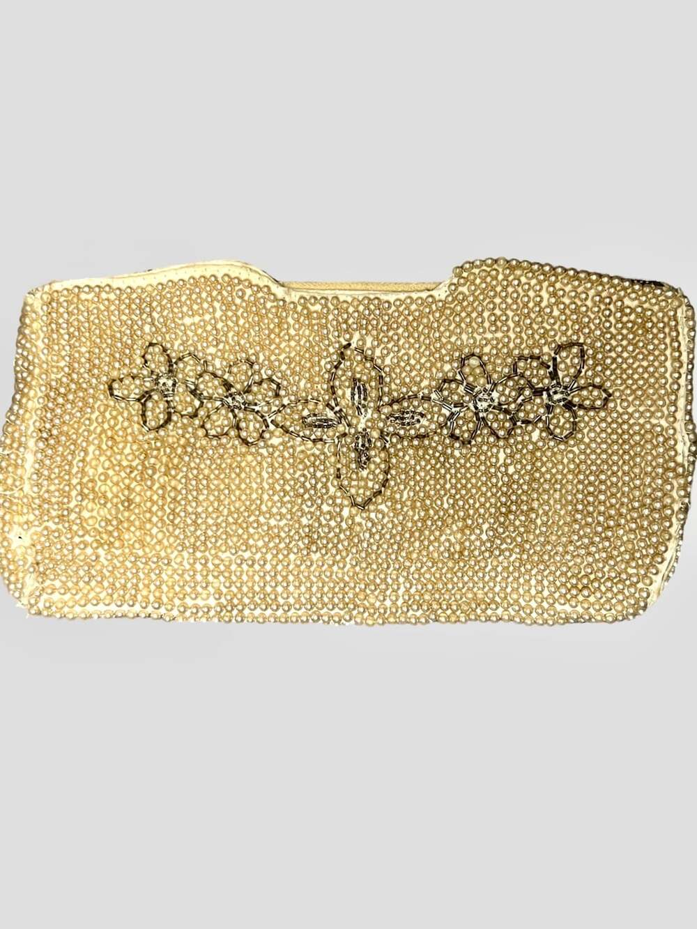 Vintage Handmade Faux Pearl & Silver Beaded Floral Evening Bag Clutch Japan